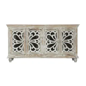 Aparador de Madera Reciclada Estilo Vintage con Cuatro Puertas Decorativas con Tallados, Acabado Blanco Desgastado, Mueble Rústico - Product Image 1