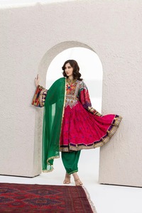 Detailed Rear View Of A Vibrant Multicolored Afghan Kuchi Tribal Dress Displaying <b>Patchwork</b> Embroidery - Product Image 5