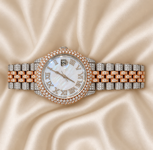 Montre de luxe pour femme Raj Gems, quartz, chiffres romains, effet perle, aiguille date, bracelet en verre 18 mm, acier inoxydable 43 mm, style Hip Hop - Product Image 2