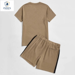 Conjunto de Camiseta y Pantalones Cortos para Hombre INDEX APPAREL, Cuello Redondo, Color Caqui, Algodón Tejido, Estilo Casual de Verano, 2 Piezas, Color Sólido, Manga Corta - Product Image 1