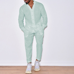 Polyester <b>Knitted</b> Breathable Casual Summer Solid Long Sleeve Shirt Overalls Long Pants Men's 2 Piece <b>Set</b> 320g - Product Image 3