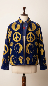 OEM Custom <b>Women</b> Peace Sign Embroidered Blue <b>Velvet</b> <b>Jacket</b> Boho Short Open Front Coat Vintage Winter Ethnic Outerwear Wholesale - Product Image 3