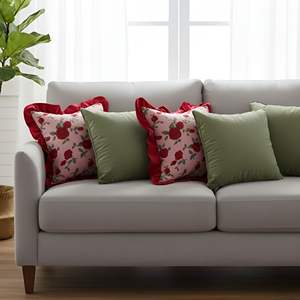 Ensemble de 5 housses de coussin en velours vert sauge et rose avec volants bordeaux, coussins décoratifs pour sièges et oreillers - Product Image 3