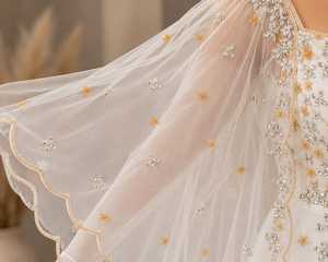 White Pearl Crystal Embellished Chiffon <b>Cape</b> Gown for <b>Women</b> Designer Bridal Evening Dress Premium Wedding Reception Embroidery - Product Image 4