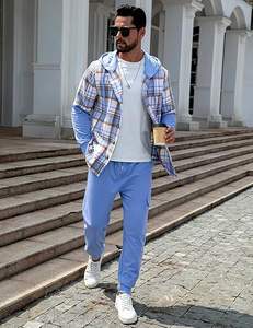 Ensemble de survêtement 2 pièces pour homme, sweat à capuche en flanelle à carreaux en polaire - Product Image 2