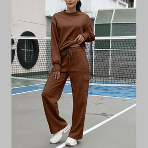 Conjunto Deportivo Informal de Invierno para Mujer, Sudadera de Cuello Redondo, Pantalones Deportivos Anchos Tipo Cargo, 100% Algodón, para Viajes y Uso en el Aeropuerto - Product Image 5