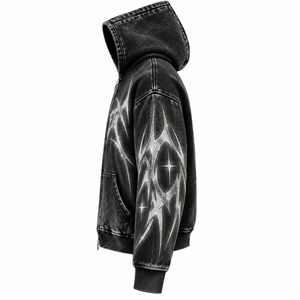 Gothic Print <b>Zip</b>-Up <b>Hoodie</b> Men Oversized Black Fleece Sweatshirt With <b>Pocket</b> Autumn Wear Regular Sleeve French Terry - Product Image 4