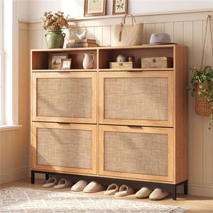 Scarpiera Moderna Boho Autoportante con 4 Cassetti a Ribalta e Ripiani Aperti - Product Image 2