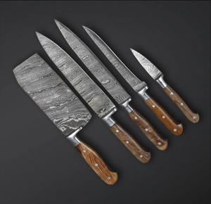 Juego de Cuchillos de Cocina Damasco con Logotipo Personalizado, 5 Piezas, Mango de Madera, Cuchillos de Cocina Premium, Calidad de Chef de Restaurante, Fabricante OEM - Product Image 3