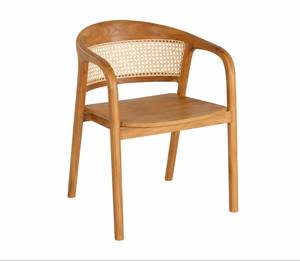 Fauteuil de salle à manger en teck avec dossier en rotin naturel, chaise d'appoint en forme de baril - Product Image 1