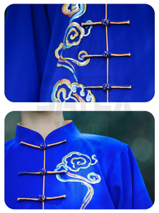 ชุดกังฟูสีน้ำเงินสำหรับผู้หญิง ปักลายเมฆด้วยมือ ผ้าโพลีเอสเตอร์ 100% ระบายอากาศได้ดี ทรงปกติ สำหรับผู้ใหญ่ ชุดฝึกศิลปะการต่อสู้ - Product Image 4