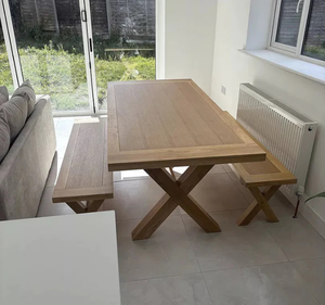 Ensemble de table de pique-nique et de salle à manger en teck massif Per Se Modern avec base en X et banc assorti, meubles de salle à manger en bois rustique - Product Image 6