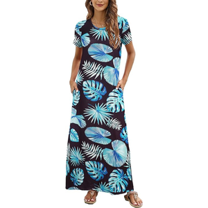 Vestido Largo Informal de Verano para Mujer, Estampado Tropical, Manga Corta, Cuello Redondo, Poliéster - Product Image 3