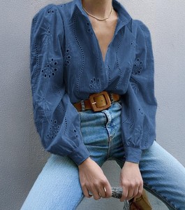 Chemise décontractée pour femme, style vintage, printemps-été, avec manches raglan, col rabattu, tissu tricoté, écologique, coupe classique - Product Image 4