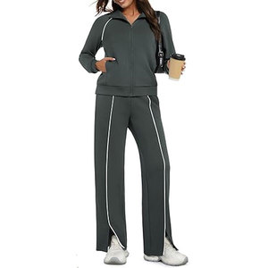 Conjunto de 2 piezas vintage 100% algodón transpirable, chándal informal con cremallera para otoño 2026, pantalones de pierna ancha para viaje - Product Image 5