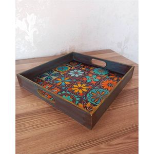 Handmade Wooden Serving Tray with Handles Floral Print Decorative Wood Platter for Coffee <b>Table</b> Home Decor Kitchen Serving Tray - Product Image 6