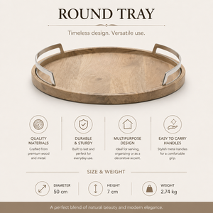 Bandeja Redonda de Madera Premium con Asas Metálicas, Decorativa para Desayuno, Café, Otomana, Plato de Comedor, Organizador para el Hogar y la Cocina - Product Image 2
