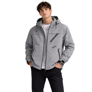 Men <b>Grey</b> Hooded Zip Up Utility <b>Jacket</b> Lightweight <b>Waterproof</b> with Adjustable Drawstring Hood Multiple Zipper Pockets - Product Image 1