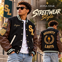 ZONA STAR Blouson universitaire unisexe en laine avec manches en cuir véritable marron foncé, patch brodé, réversible, doublure polaire, col montant