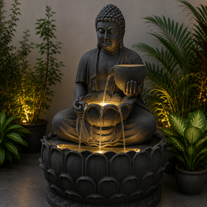 Fuente de Agua de Buda de Lujo con Luz LED Blanca Cálida, Acabado en Piedra Negra para Interiores y Exteriores, Decoración de Jardín para Meditación - Product Image 4