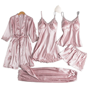 <b>Women</b> Satin <b>Robe</b> Set 4 Piece Long Sleeve Lace Trim Sleepwear Elegant Nightdress Pajamas Full Length Solid Color Autumn Wear - Product Image 6