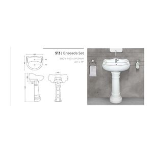 Lavabo de cerámica de alta resistencia con pedestal 600x440x940mm, lavabo de porcelana para baño, lavabo para lavar ropa, conjunto Enseada - Product Image 1