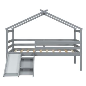 <b>Twin</b> Low Loft House <b>Bed</b> for Kids Grey with Slide Ladder Safety Guardrails House Roof <b>Frame</b> - Product Image 4