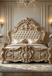 Cama King Size de Madera Tallada Estilo Europeo Antiguo con Cabecera Tapizada en Tela, Juego de Muebles para Dormitorio - Product Image 2