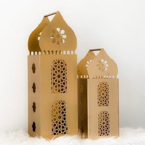 Linterna Metálica de la Mejor Calidad, Forma Cilíndrica, Corte a Troquel, Acabado Blanco, Decoración para el Hogar, Ramadán, Eid, Linterna con Forma de Luna Creciente en la Parte Superior - Product Image 1
