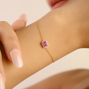 14K Solid Gold <b>Ruby</b> Halo Diamond Chain <b>Bracelet</b> for Women - Product Image 5