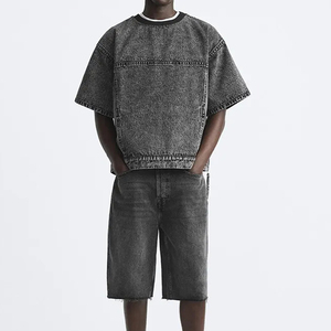 Ensemble chemise à manches courtes en jean et short cargo pour homme, couleur unie, coton lavé, tricoté, respirant, streetwear, décontracté, grande taille, été - Product Image 3