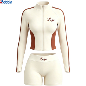 Conjuntos Deportivos Cortos de Verano Estilo Hip Hop para Mujer, 2 Piezas, Chaqueta con Cremallera y Pantalones Cortos, 100% Algodón, Transpirable, de Secado Rápido, Ecológico, Mangas Largas - Product Image 3