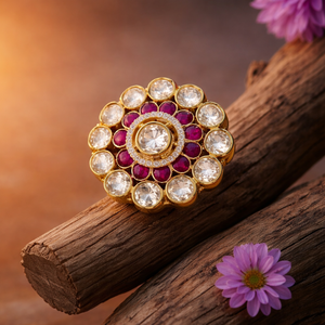 Royal Bloom Design Kundan Polki 925 Sterling <b>Silver</b> <b>Statement</b> <b>Ring</b> Floral Motif <b>Ring</b> Engagement Bridal Jewellery Gift For Her - Product Image 2