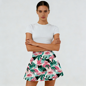 Ventes flash sur Temu |   Jupe courte à taille haute à imprimé géométrique Flamingo tendance, jupe évasée décontractée pour femmes, pour tous les jours et les vacances - Product Image 2