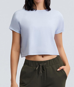 Women's Light Blue Cropped tank <b>top</b> O-Neck Short Sleeve Casual Breathable Knitted <b>Top</b> Solid Color Polyester Material women <b>crop</b> - Product Image 6