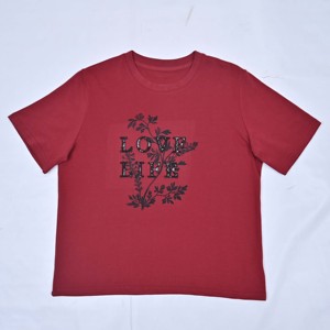 Women's <b>Red</b> Cotton Jersey Crew Neck Short Sleeve Elegant <b>Sequin</b> Embroidery Love Life Design T-Shirt Regular Fit All Seasons - Product Image 6