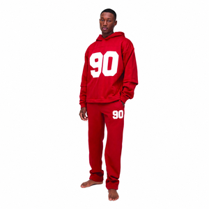 Conjunto Deportivo Rojo con Capucha para Hombre, Sudadera y Pantalones Largos de Algodón con Estampado Blanco 90, Ropa Casual Urbana de Corte Regular - Product Image 1
