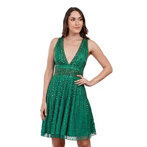 Vestido de cóctel con lentejuelas verde esmeralda, corte en A, cuello en V profundo, sin mangas, por encima de la rodilla - Product Image 5