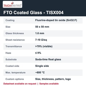 กระจกนำไฟฟ้า FTO ขนาด 50x50 มม. หนา 1.6 มม. ความต้านทาน 7-10 โอห์ม/ตารางมิลลิเมตร วัสดุรองรับทินออกไซด์ผสมฟลูออรีน สำหรับเซลล์แสงอาทิตย์เพอรอฟสไคต์และ OLED - Product Image 2