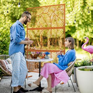 6.5FT Metal Outdoor Privacy <b>Screen</b> Divider with <b>Leaf</b> Design Easily Assembled WPC Frame Garden Fence Brown Decorative Stand - Product Image 2