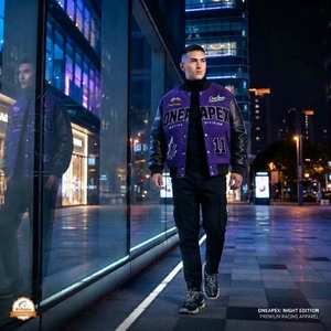 Blouson de course noir et violet pour homme, style Letterman, brodé, streetwear, vente en gros - Product Image 4