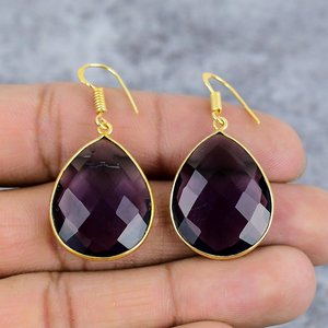 Neel Gem Stone Purple Amethyst 925 <b>Sterling</b> <b>Silver</b> Gold Plated Handmade Pear-Shaped Bezel Hook Earrings for Women - Product Image 2