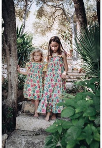 Amazing Floral Printed Yellow Long Sleeveless Cotton Dress With Beautiful Shoulder Strap To Tie Up For Pretty Mum &Cute Daughter - Product Image 2