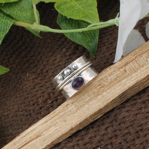 Wholesale Shree Jaipur Silver 925 Sterling Silver Amethyst Bezel Setting <b>Spinner</b> <b>Ring</b> Hammered Beaded Multi Band Gemstone <b>Ring</b> - Product Image 6