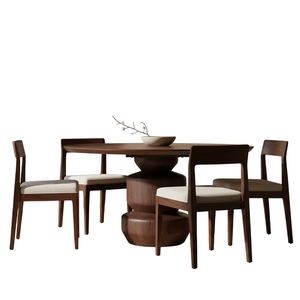 Table de salle à manger moderne au design unique, base en bois de manguier massif, forme ronde, plateau finition noyer, usage commercial, maison, cuisine - Product Image 2