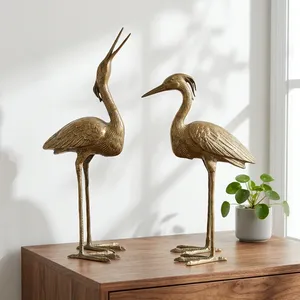 Paire de figurines de grue en bronze faites à la main, finition patinée, sculpture animale minimaliste, décoration de table, présentation pour salon - Product Image 6