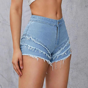 Shorts en jean déchiré taille haute pour femme, asymétriques, décontractés, d'été, en coton bleu clair uni - Product Image 3