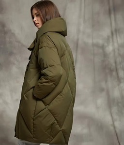 Women's Olive Green <b>Quilted</b> Puffer Jacket Hooded Long Sleeve <b>Winter</b> Warm Coat Full Length Solid Color Pullover Design - Product Image 5