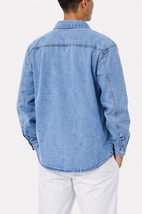 Vestes en jean pour hommes, sur mesure en usine, en coton, pour l'extérieur, style streetwear, coupe oversize, avec poches avant, bleues - Product Image 2