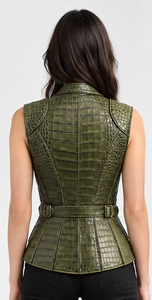 เสื้อกั๊กหนังลายนูนสีเขียวสำหรับผู้หญิง คอวี ปิดด้วยซิป - Product Image 4
